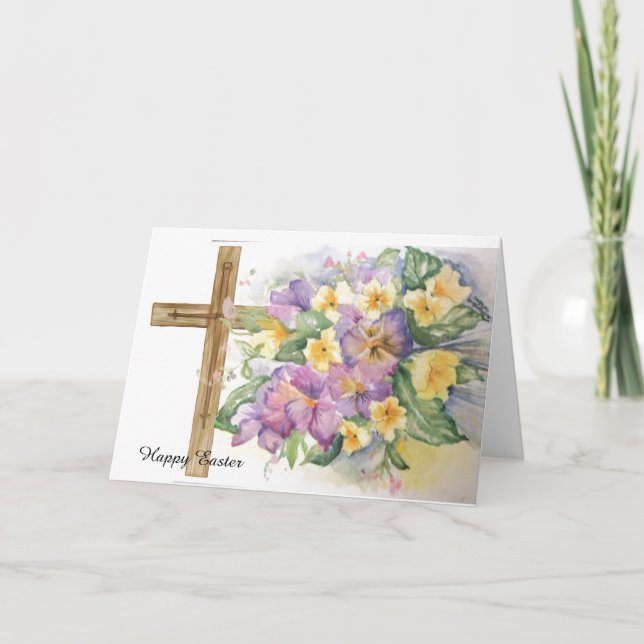 Lilak watercolour pansies with cross for Easter Card (Front)