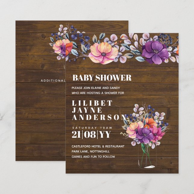 Lilibet Baby Shower Invite - Rustic Orange Purple (Front/Back)
