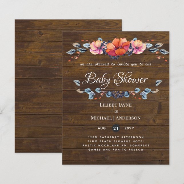 Lilibet Baby Shower Invite - Rustic Orange Purple (Front/Back)