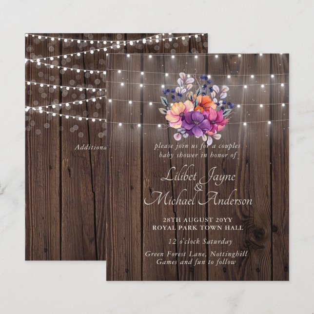 Lilibet Baby Shower Invite - Rustic Orange Purple (Front/Back)