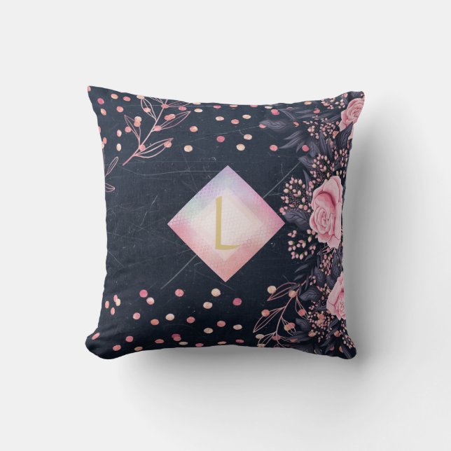 Lilibet Monogram Navy Rosegold Pink Princess Gifts Throw Pillow (Front)