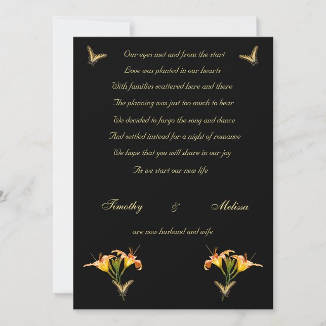 Lilies and Butterflies elopement announcement (Front)