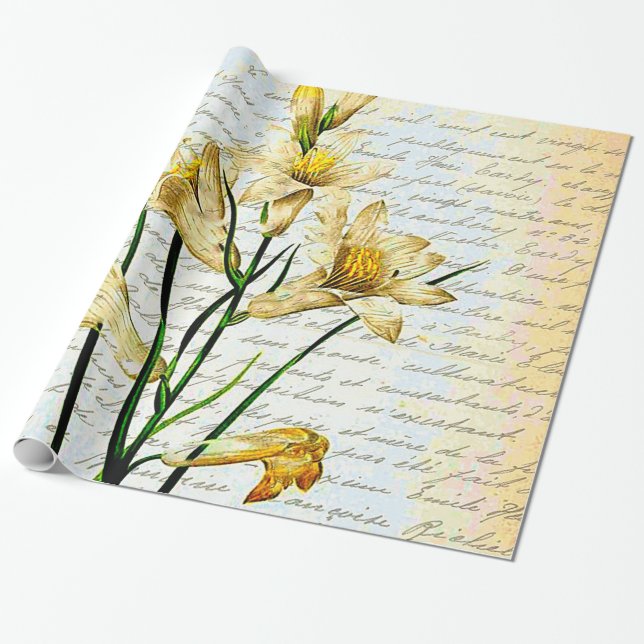 lilies and script wrapping paper (Unrolled)
