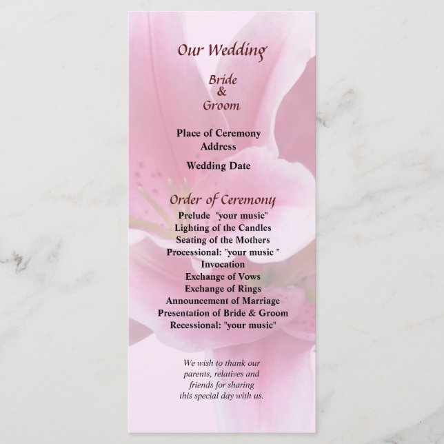 Lilies Arm in Arm Wedding Program (Front)