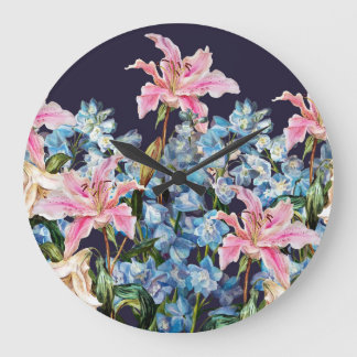 Lilies, delphiniums border: watercolor painting. large clock