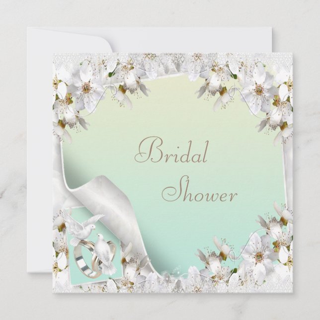Lilies, Doves & Wedding Bands Mint Bridal Shower Invitation (Front)