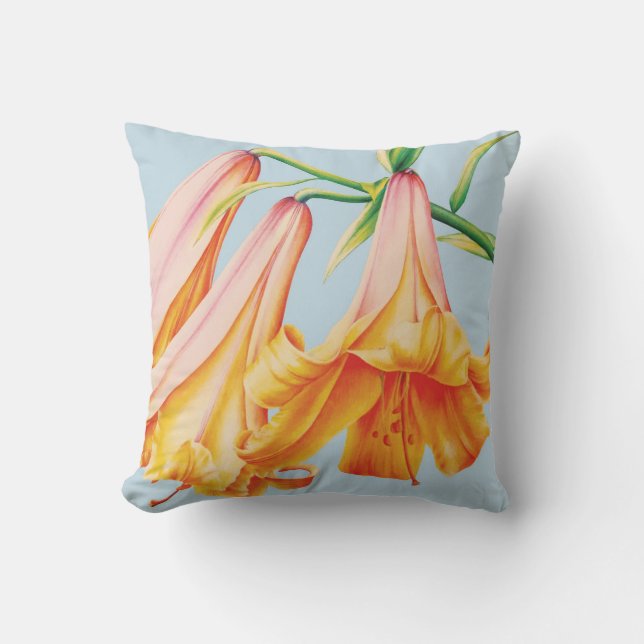 Lilies fine art by Sarah Trett blue orange pillow (Front)