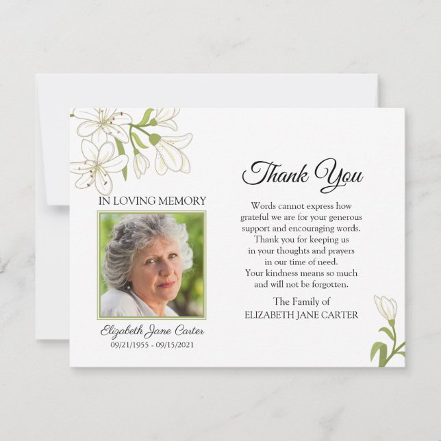 Lilies Funeral Thank You Photo Note Card white (Front)