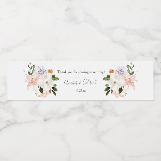 Lilies, Magnolias, Roses Floral Wedding Water Bottle Label