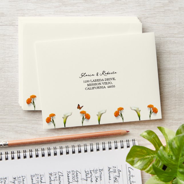 Lilies, Marigolds, Butterfly Mexican Wedding RSVP Envelope (Stacked)