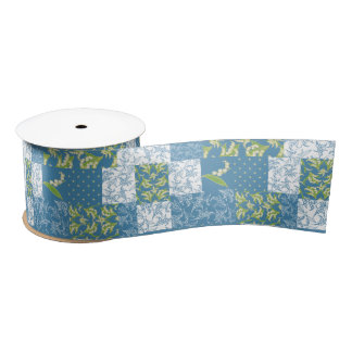 Lilies-of-the-Valley Blue Green Faux Patchwork Satin Ribbon