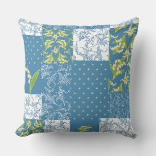 Lilies-of-the-Valley Faux Patchwork, Blue Throw Pillow