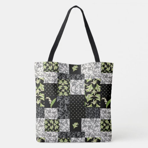 Lilies_of_the_Valley Faux Patchwork in Black Tote Bag
