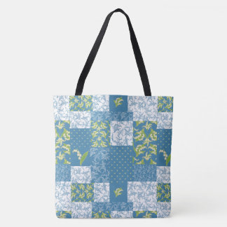 Lilies-of-the-Valley Faux Patchwork in Blue Tote Bag