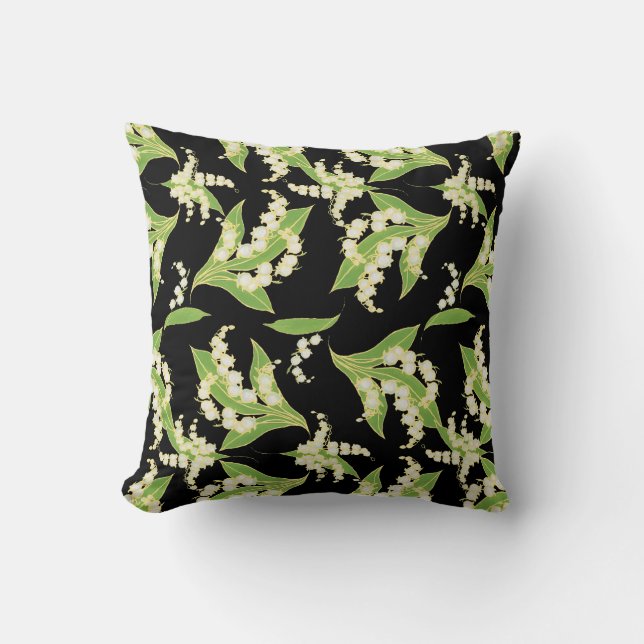Lilies-of-the-Valley Floral Pattern on Black Throw Pillow (Front)