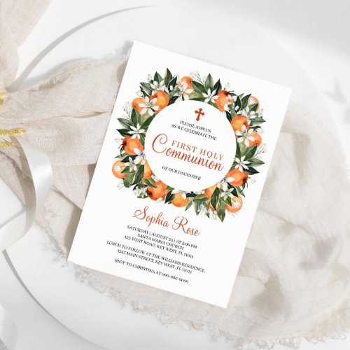 Lilies  Orange Floral First Holy Communion Invitation