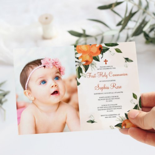 Lilies  Orange Floral Photo First Holy Communion Invitation