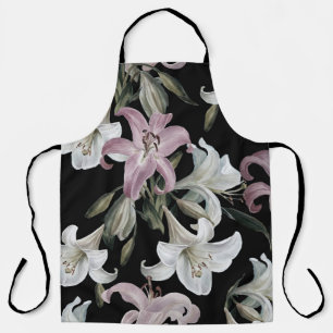 Lilies, pink white, floral pattern. apron