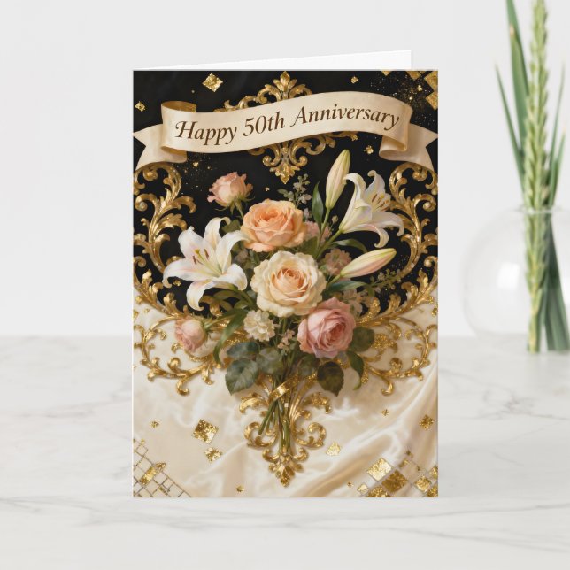  Lilies Roses and Gold 50th Wedding Anniversary Card (Front)