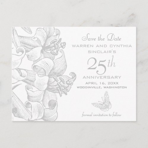 Lilies Save the Date Silver 25th Anniversary Announcement Postcard
