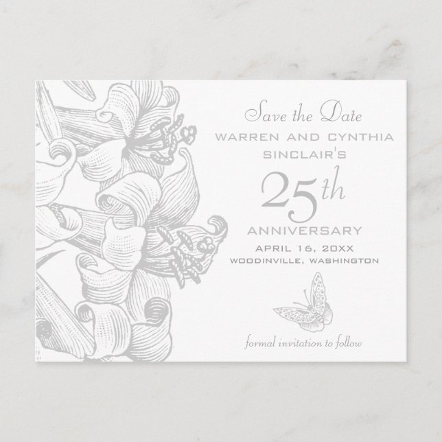 Lilies Save the Date Silver 25th Anniversary Announcement Postcard (Front)
