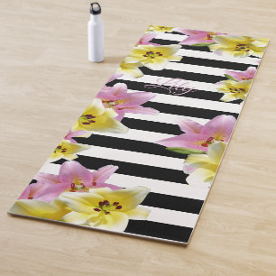 Lilies Striped Pattern Add Name or Initials Floral Yoga Mat