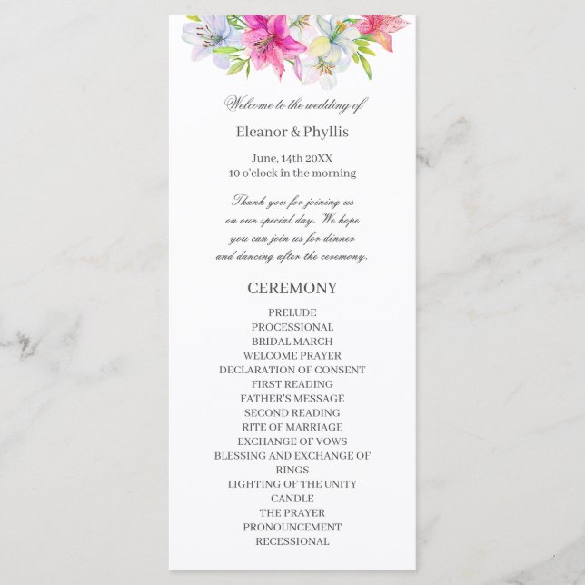 lilies watercolor wedding program (Front)