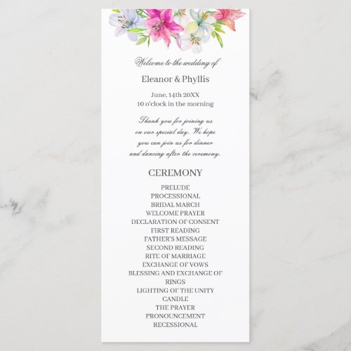 lilies watercolor wedding program