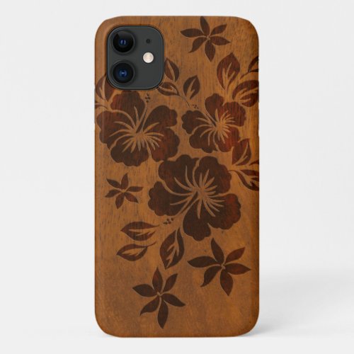 Lilikoi Hibiscus Hawaiian Faux Koa Wood iPhone 11 Case