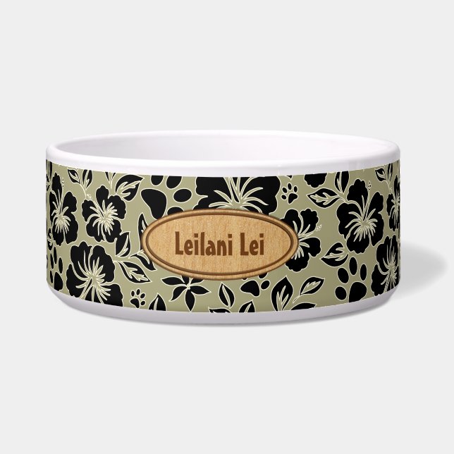 Lilikoi Paw Hawaiian Hibiscus Monogram Khaki Bowl (Front)