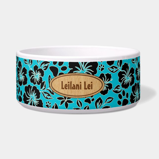 Lilikoi Paw Hawaiian Hibiscus Monogram Teal Bowl (Front)