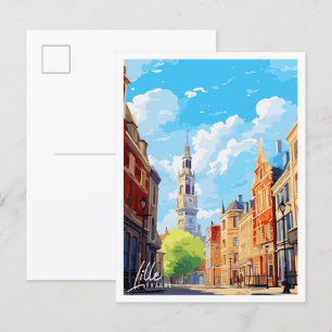 Lille France vintage travel illustration Postcard