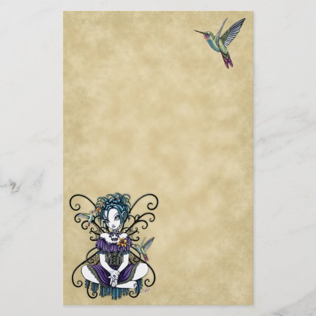 "Lillian" Gothic Hummingbird Fairy Art Stationery (Front)
