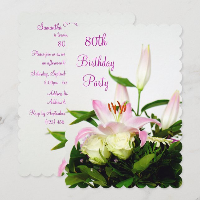 Lillies & Roses Bouquet 80th Birthday Invitation (Front/Back)