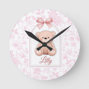 Lilly Custom Pink Teddy Bear Nursery Design Round Clock