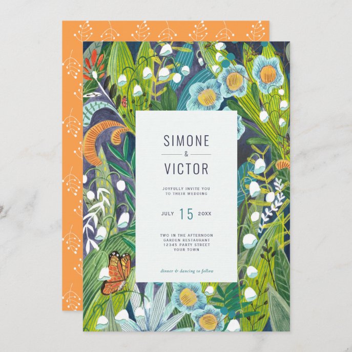 Lilly of the Valley green &amp; orange Floral                    Wedding Invitation