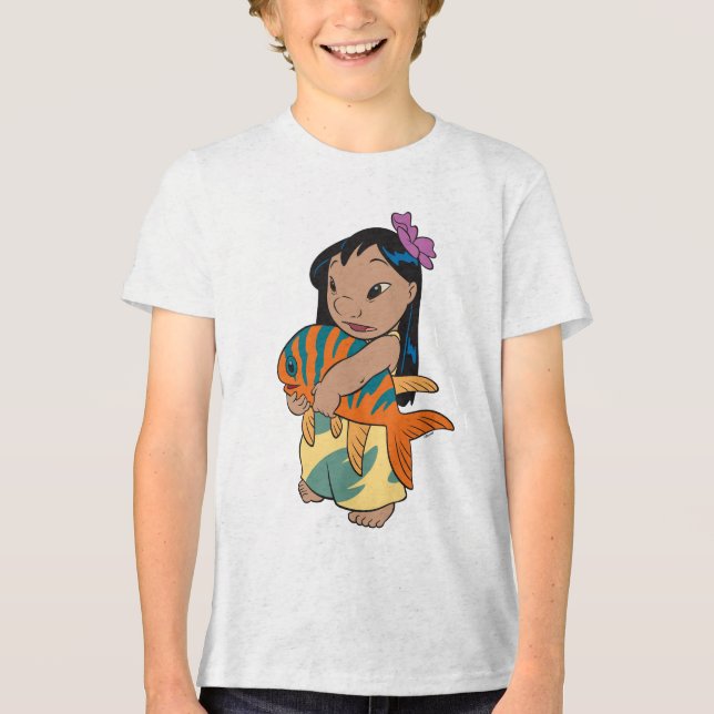Lilo and Stitch's Lilo Holding Fish Tri-Blend Shirt (Front)