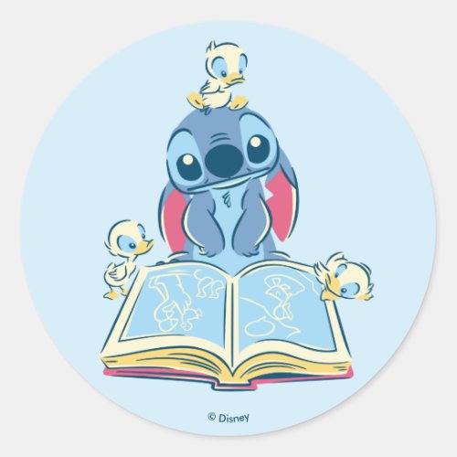 Lilo  Stitch  Reading the Ugly Duckling Classic Round Sticker