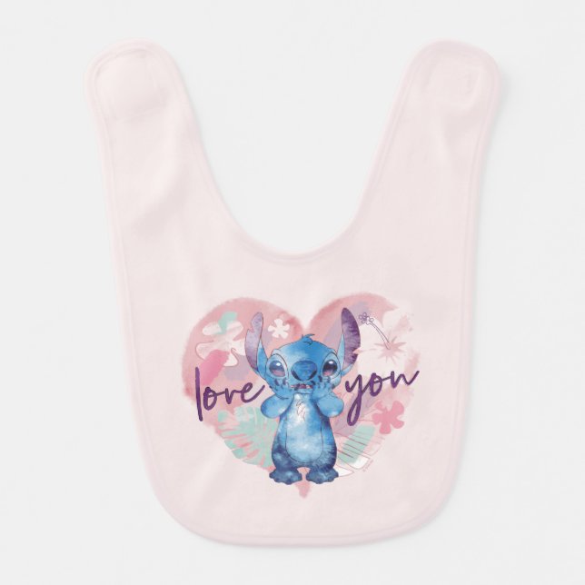 Lilo & Stitch | Stitch Watercolor Valentine Heart Baby Bib (Front)