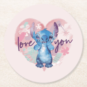 Lilo & Stitch Stitch Watercolor Valentine Heart Round Paper Coaster