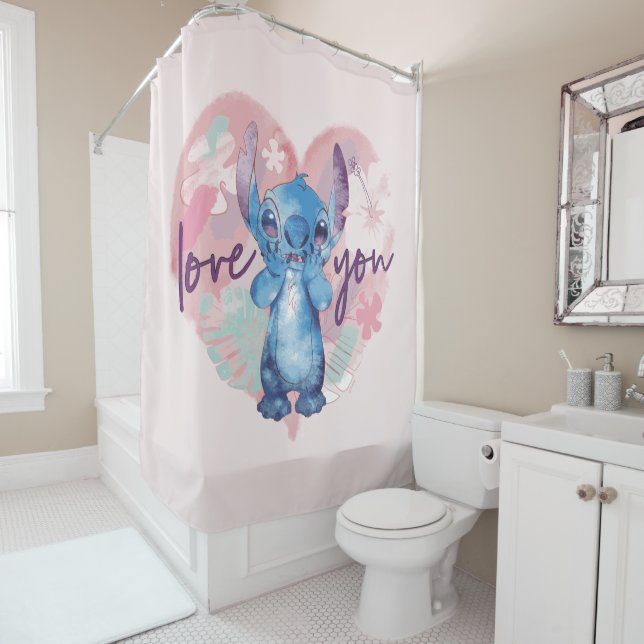 Lilo & Stitch | Stitch Watercolor Valentine Heart Shower Curtain (In Situ)