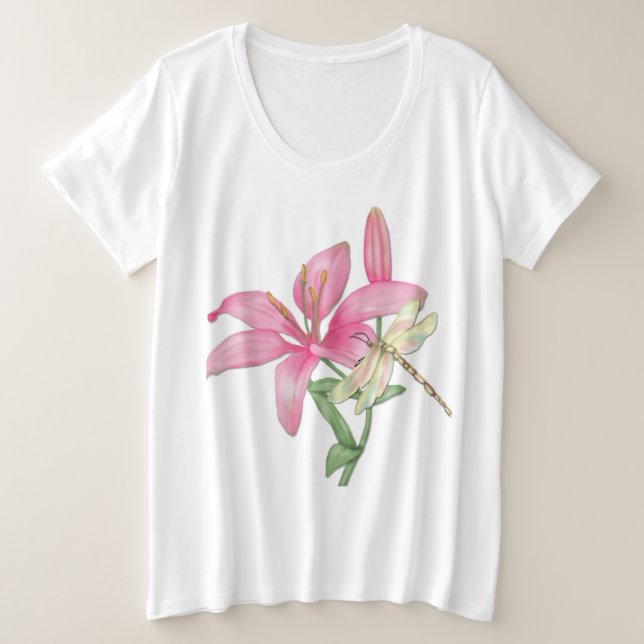 Lily and Dragonfly Plus Size T-Shirt (Design Front)