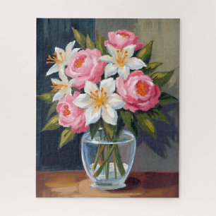 Lily and Rose Bouquet Floral Watercolor Vase Jigsaw Puzzle
