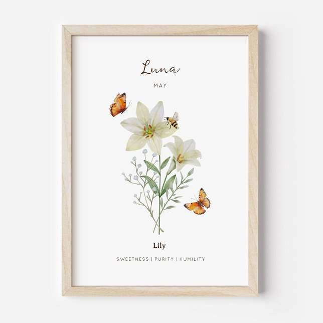 Lily Birth Month Flower Poster (Example of lily birth flower poster once framed. )