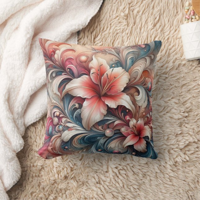 Lily Blossoms Amid Swirling Patterns Throw Pillow (Blanket)