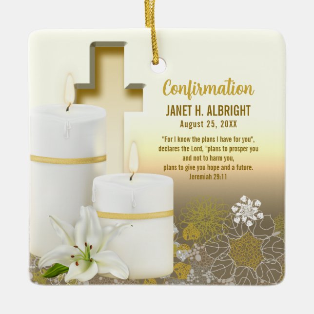 Lily Candle Cross Ceramic Ornament (Front)