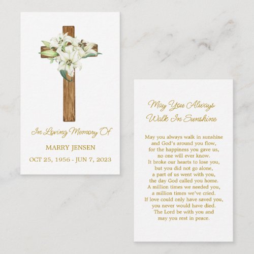 Lily Cross Memorial Funeral Prayer Card