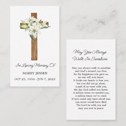 Lily Cross Memorial Funeral Prayer Card