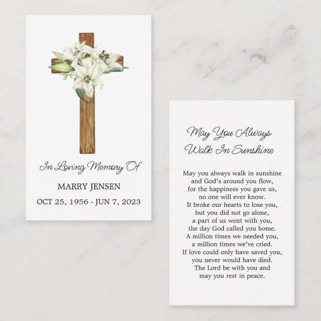 Lily Cross Memorial Funeral Prayer Card (Front/Back)