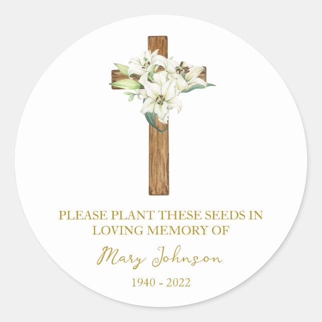 Lily Cross Memorial Funeral Seed Packet Classic Round Sticker (Front)